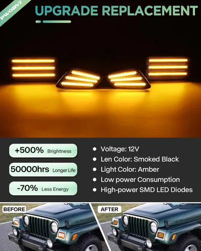 Vista 2 de Luces direccionales delanteras ámbar para Jeep Wrangler TJ 1997 1998 1999 2000 2001 2002 2003 2004 2005 2006, DRL luces de estacionamiento