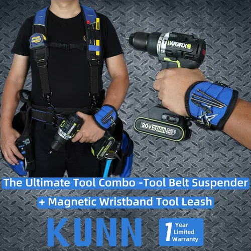 Vista 3 de KUNN Cinturón de herramientas con suspensión y pulsera magnética para carpintero, electricista, cinturón de herramientas, azul