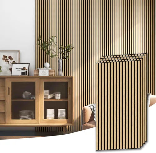Vista 10 de 4 piezas de paneles acústicos de listones de madera, panel de pared de madera acanalada 3D absorbente de sonido para pared y techo, paneles Nogal