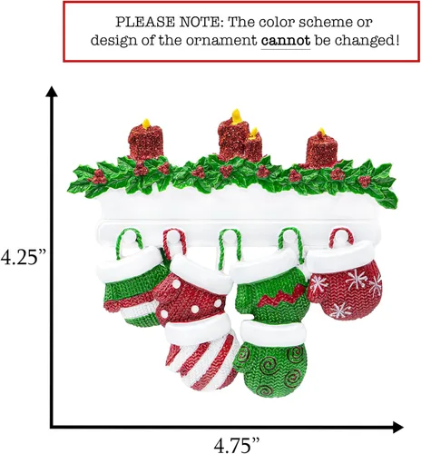 Vista 2 de Adorno de Navidad personalizado para familia de 6 miembros 2026 Manoplas con velas con purpurina en la decoración del árbol de Navidad del manto