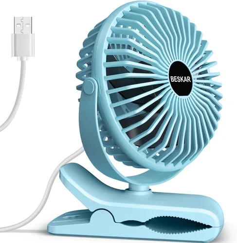 Vista 11 de BESKAR Ventilador de clip alimentado por USB, ventilador portátil de 6 pulgadas con cable, 3 velocidades de flujo de aire fuerte, ventilador pequeño