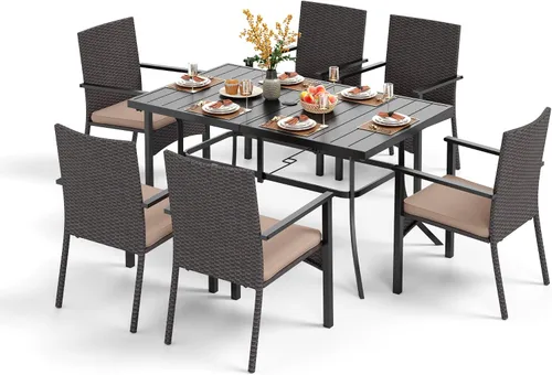Vista 10 de PHI VILLA Juego de comedor al aire libre de 7 piezas para 6, mesa rectangular de hierro forjado de 152 cm con orificio para sombrilla y sillas