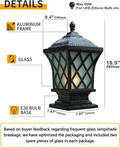 Vista 2 de Luces de columna para exteriores, lámpara de columna moderna de 18.9 ″ IP54 Luz de poste de vidrio impermeable para exteriores E26 Aluminio