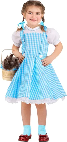 Vista 2 de Toddler Wizard of Oz Dorothy Costume for Girls, Blue Dress & Hair Bow Ties, Blue Checked Gingham Fairytale Dress