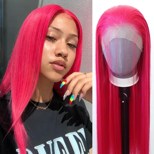 Vista 21 de 99J Peluca larga y lisa 99J color borgoña sintética con encaje frontal, predesfilada con línea de cabello natural para mujeres de moda, cabello