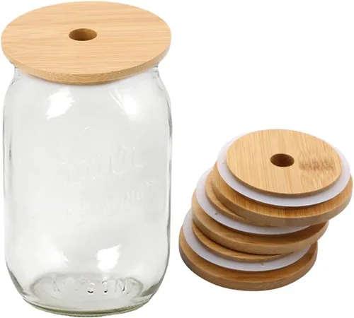 Vista 6 de Paquete de 4 tapas de frasco mason de bambú de boca ancha de 86mm con agujero para pajita, tapas de bambú reutilizables a prueba de fugas