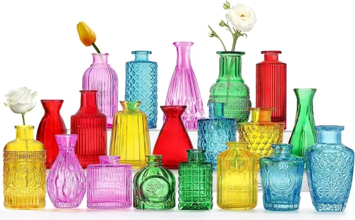 Vista 11 de KOIUEYW Juego de 24 jarrones de vidrio ámbar dorado, jarrones pequeños vintage para flores, estilo mini de cristal transparente a granel, pequeños