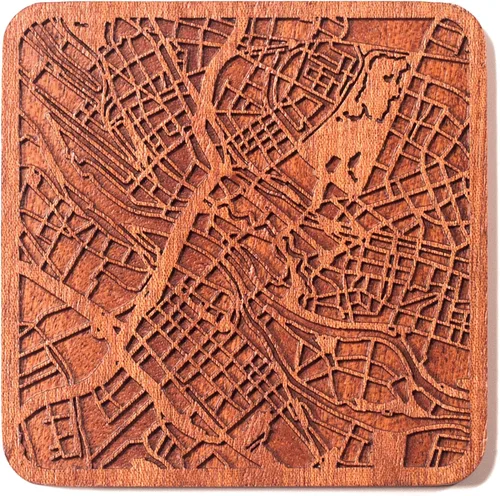 Vista 142 de Posavasos Amsterdam Map by O3 Design Studio, 1 pieza, posavasos de madera Sapele con mapa de la ciudad, hecho a mano, varias ciudades opcionales