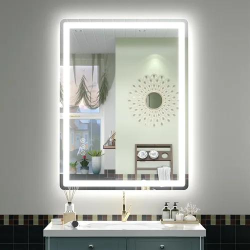 Vista 28 de SMIROR Espejo de baño LED con luces de 22" x 30", espejo de tocador rectangular redondeado iluminado para pared, iluminado frontal y retroiluminado