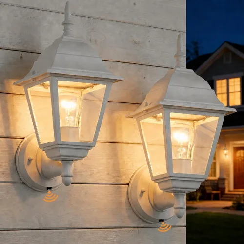 Vista 10 de Faroles de pared para exteriores, paquete de 2 luces blancas impermeables para porche, con vidrio transparente, aplique de aluminio resistente a