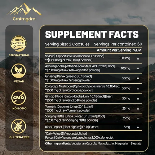 Vista 2 de Shilajit Cápsulas – Shilajit orgánico puro del Himalaya de 20,000 mg para hombres y mujeres con Ashwagandha, apoya la vitalidad y el bienestar