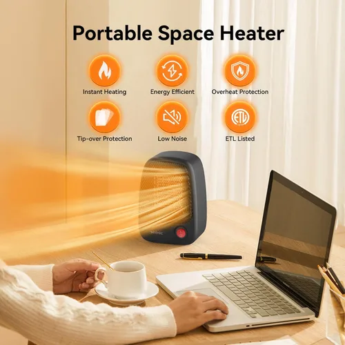 Vista 4 de shinic Calentador de espacio pequeño con protección contra sobrecalentamiento, mini calentador de cerámica PTC de 500 W, calentamiento rápido