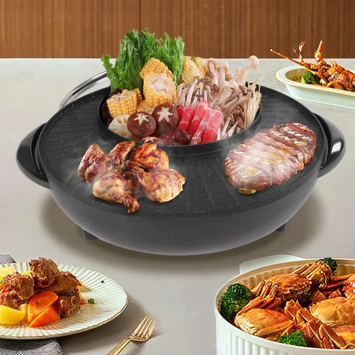 Vista 5 de Combo eléctrico de olla caliente y parrilla, con forma de sol y luna 2 en 1, parrilla de barbacoa y olla caliente de aluminio de 14 pulgadas de 5