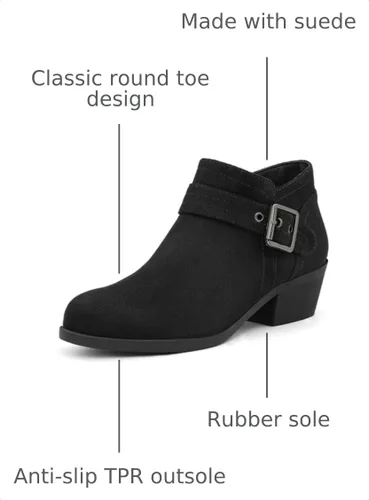 Vista 2 de mysoft Botas de tobillo para mujer, tacón bajo y grueso, cómodas botas de punta redonda con cremallera lateral Ante negro