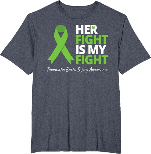 Vista 25 de Camiseta con cinta verde de la conciencia de la TBI, con texto en inglés "Her Fight Is My Fight" Jaspeado Oscuro