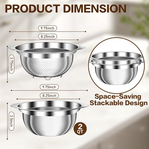 Vista 2 de Colador de acero inoxidable con tazón para mezclar, lavadora de arroz, colador para cocina, colador de arroz, lavado de frutas y verduras, colador