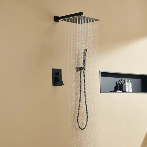 Vista 3 de Sistema de ducha de lluvia de 12 pulgadas, juego combinado de ducha negro para montaje en pared, grifos de baño con cabezal de ducha de lluvia