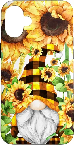 Vista 22 de iPhone 16 Gnomo de girasol con sombrero de cuadros de búfalo para niñas de moda lindo caso