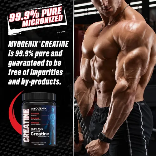 Vista 6 de Myogenix Monohidrato de creatina, polvo de creatina pura para fuerza y resistencia, apoya la producción de ATP y la fuerza muscular, sin aditivos
