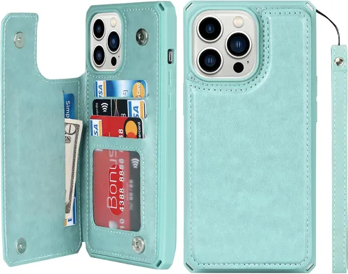 Vista 19 de iCoverCase Funda de billetera compatible con iPhone 13 Pro Max con tarjetero para mujer, cuero PU en relieve con bloqueo RFID y correa de muñeca