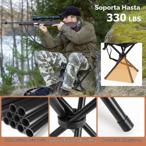 Vista 3 de GYMAX Paquete de 2 taburetes plegables, trípode portátil, taburete de caza ligero con correa para el hombro, silla de caza al aire libre, silla