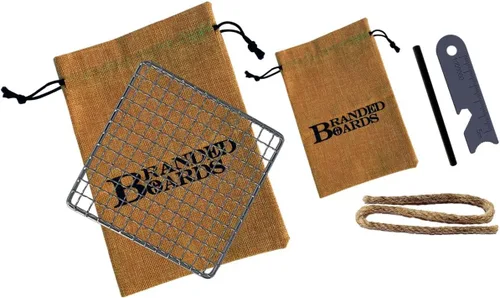 Vista 9 de Parrilla portátil de Bushcraft con rejilla para barbacoa de acero inoxidable, tabla de cortar de bambú, bolsa de arpillera, cuchillo mini, kits