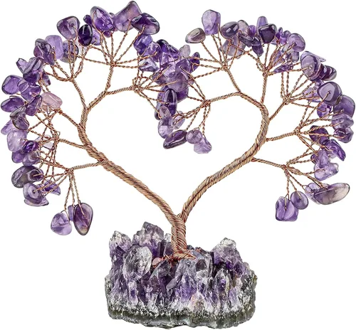 Vista 8 de TUMBEELLUWA Árbol de dinero con piedras de cristal con base de racimo de amatista natural, hecho a mano, figura de amor, árbol bonsái para buena