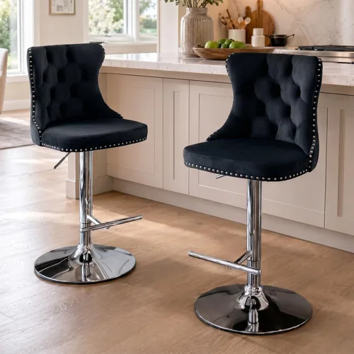 Vista 171 de SoarFlash Juego de 2 taburetes de bar tapizados de terciopelo moderno con patas de madera, botones acolchados, cabeza de clavo cromada, asiento