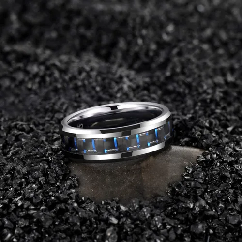 Vista 3 de TRUMIUM Anillo de tungsteno negro y azul de 0.236in, 0.315in, con incrustaciones de fibra de carbono para hombres y mujeres, talla 4-15, Tungsteno