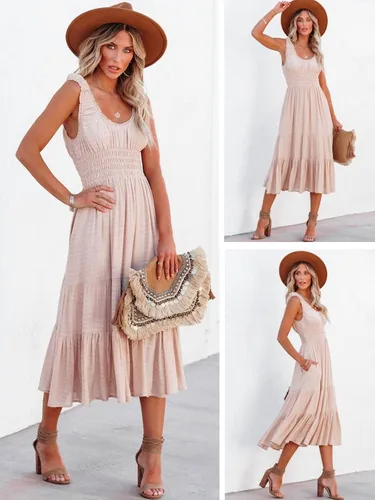 Vista 4 de AlvaQ Vestido de verano para mujer, sin mangas, fruncido, de cintura alta, casual, escalonado, acampanado, con bolsillos