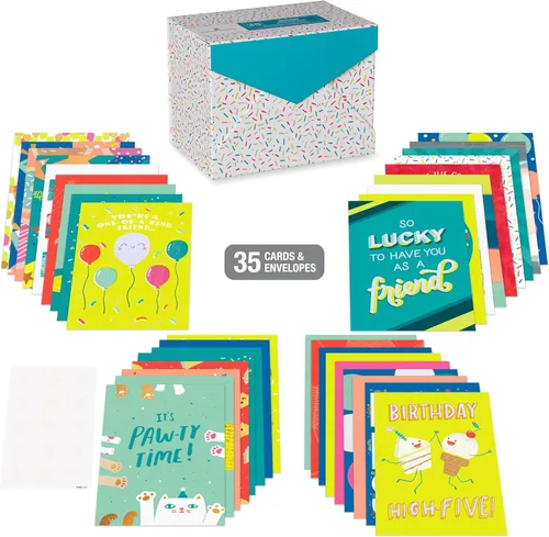 Vista 3 de American Greetings Surtido de tarjetas de cumpleaños de 35 unidades con sobres, sellos y caja de almacenamiento (confeti)