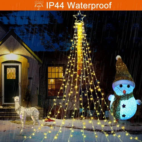 Vista 6 de Luces de Cadena de Estrella de Navidad, 320 Luces LED de Cascada para Árbol con Estrella Superior de 13", 8 Modos de Iluminación para Interiores