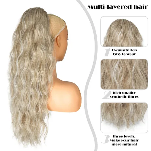 Vista 3 de Extension de cola de caballo con cordón de 26 pulgadas para mujer, extensiones de cola de caballo largas y onduladas, extensiones de cabello