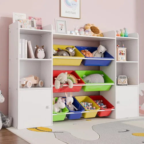 Vista 7 de Xilingol Organizador de almacenamiento de juguetes para niños con 8 contenedores de juguetes removibles, organizadores de juguetes de 4 niveles