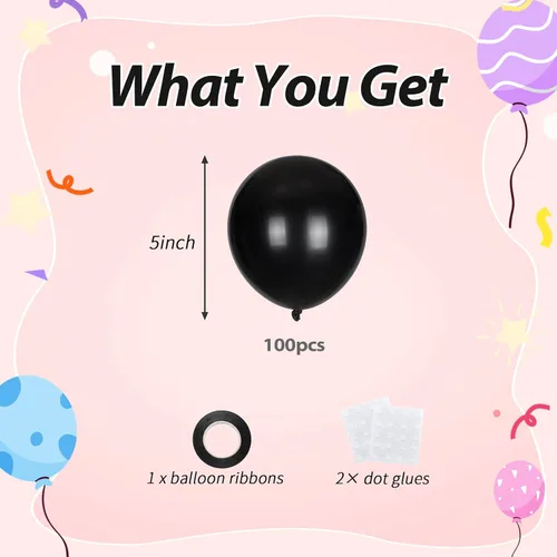 Vista 2 de 100 globos negros pequeños de 5 pulgadas, kit de mini globos negros de 5 pulgadas para Halloween, aniversario, cumpleaños, Año Nuevo, decoraciones