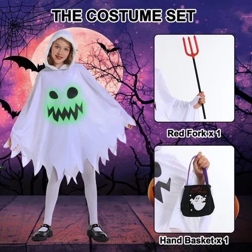 Vista 2 de IBQ Disfraz de fantasma para niños, disfraz de Halloween que brilla en la oscuridad, disfraz de fantasma blanco para cosplay, capa espeluznante