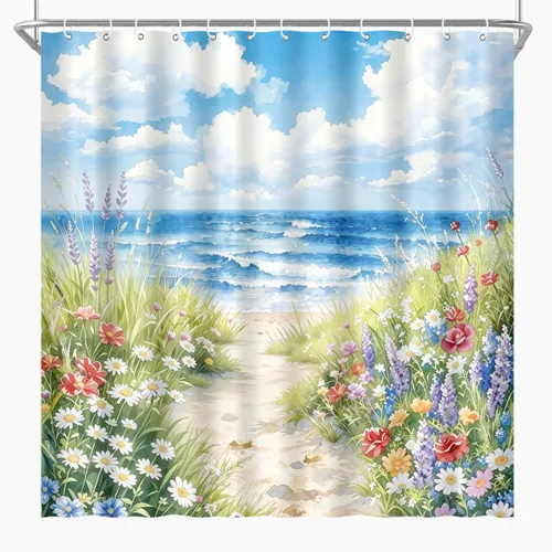 Vista 8 de Cortina de ducha de playa, primavera, costera, playa, mar, océano, floral, naturaleza, paisaje, acuarela, camino de flores silvestres, playa Playa
