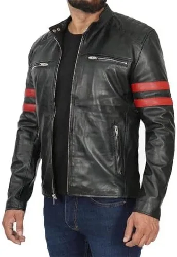 Vista 3 de POOLVOS Chaqueta de motocicleta de cuero para hombre con rayas rojas, color negro