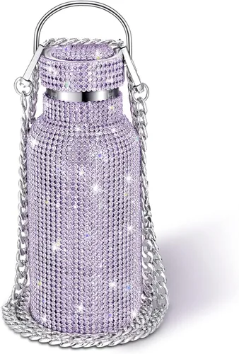 Vista 11 de Geiserailie Botella de agua con diamantes de imitación de acero inoxidable, térmica, recargable, aislada, con cadena, para mujeres y niñas