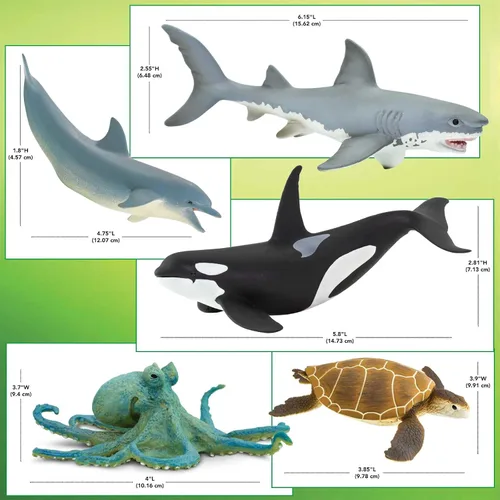 Vista 3 de Safari Ltd. Juego de juguetes de animales marinos - Figuras de gran blanco, delfín, tortuga, pulpo y orca - Set de juego para niños, niñas y niños