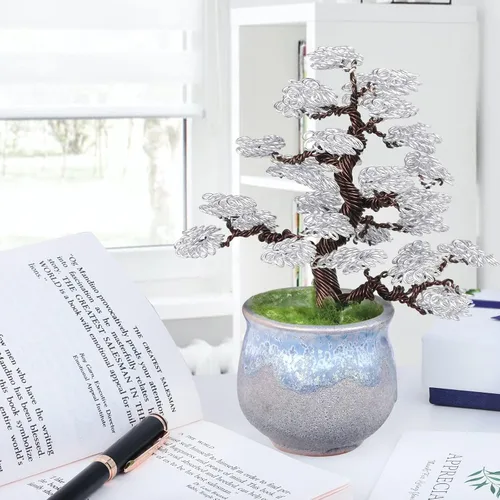 Vista 4 de Amogeeli Bonsái artificial de alambre de aluminio con maceta de cerámica, escultura de árbol de dinero Fengshui hecha a mano, decoración del hogar