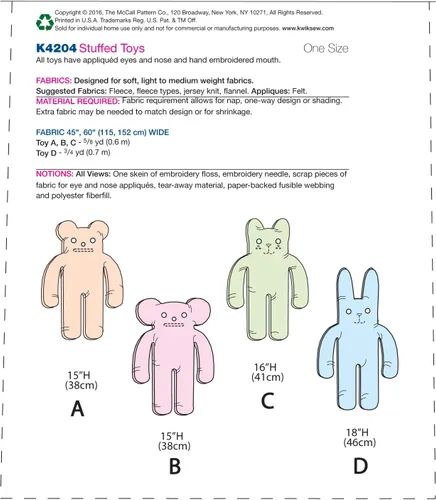 Vista 2 de McCall's Patterns K4204OSZ - Patrón de costura de animales de peluche, talla única