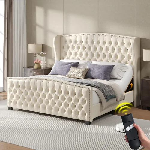 Vista 11 de LUXOAK Base de cama ajustable tamaño Queen con cabecero copetudo y respaldo de ala, base de cama ajustable inteligente con doble motor y control