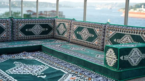 Vista 4 de arabicsofa Verde Juego de Asientos de Suelo Orientales Hechos a Mano – Sofá de Suelo Tradicional con Respaldo