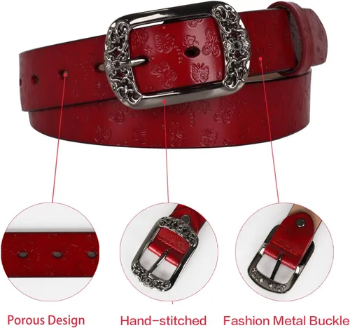 Vista 274 de Cinturón de cuero clásico con hebilla de metal para mujer con vestido de jeans