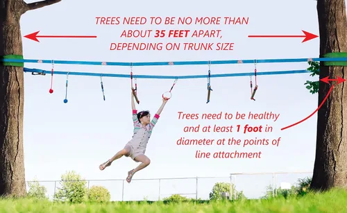 Vista 4 de Double Ninja Slackline - Carrera de obstáculos para niños Línea de 80 pies Equipo de juegos Ninja Slackline Monkey Bars Curso de cuerdas Ninja