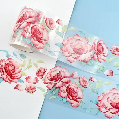 Vista 14 de Cinta washi de rosa para collage original de flores, creatividad, hecha a mano, para libro de diario, material PET con efecto láser (90387)