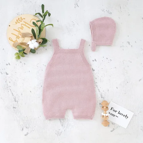 Vista 2 de Mameluco de punto para bebé, recién nacido, sin mangas, conjunto de suéter para niños y niñas con gorro cálido