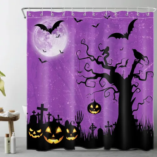 Vista 19 de EOBTAIN Cortina de ducha de cielo nocturno azul de Halloween para baño, espeluznante calabaza y murciélago en árbol muerto en cementerio aterrador