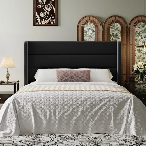 Vista 3 de SHA CERLIN - Base de cama tamaño Full con cabecera tapizada en terciopelo y diseño acanalado vertical; plataforma de cama tapizada con listones